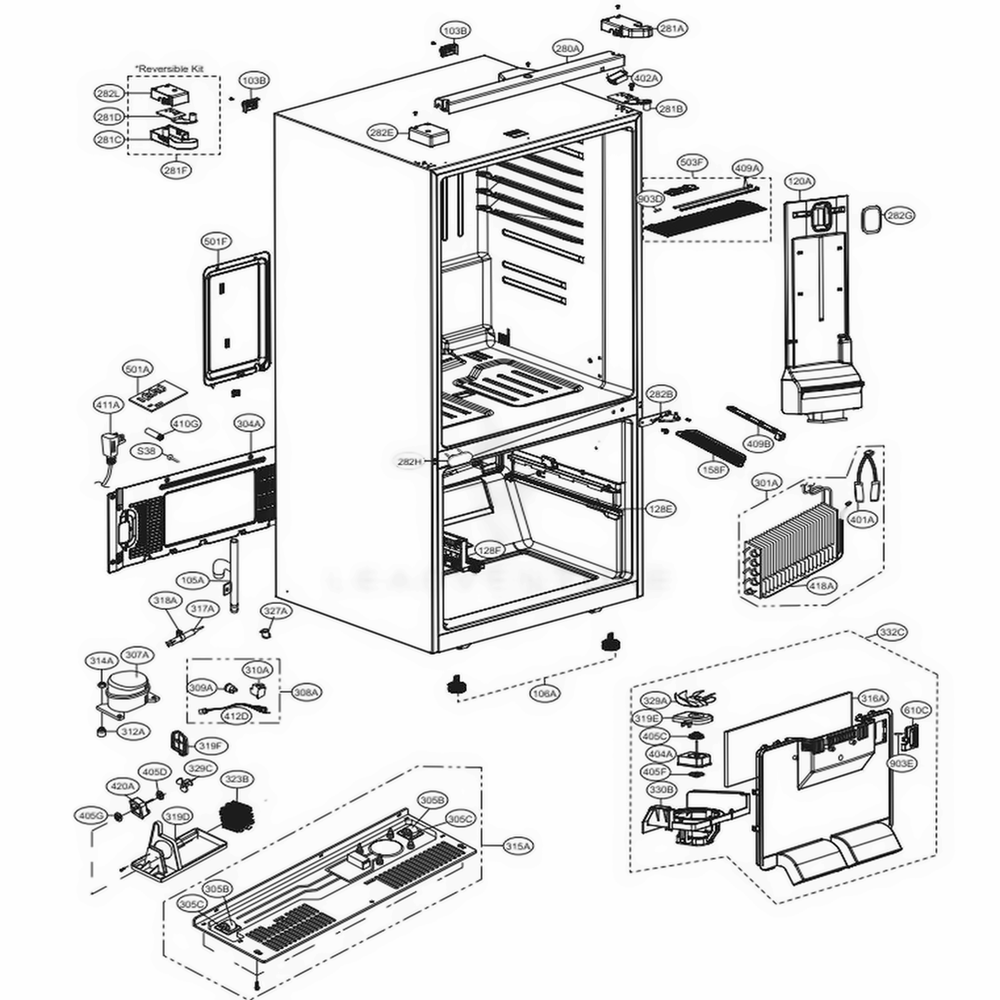 Case Parts Diagram and Parts List for LDCS24223W ASWCNA2 LG Refrigerator