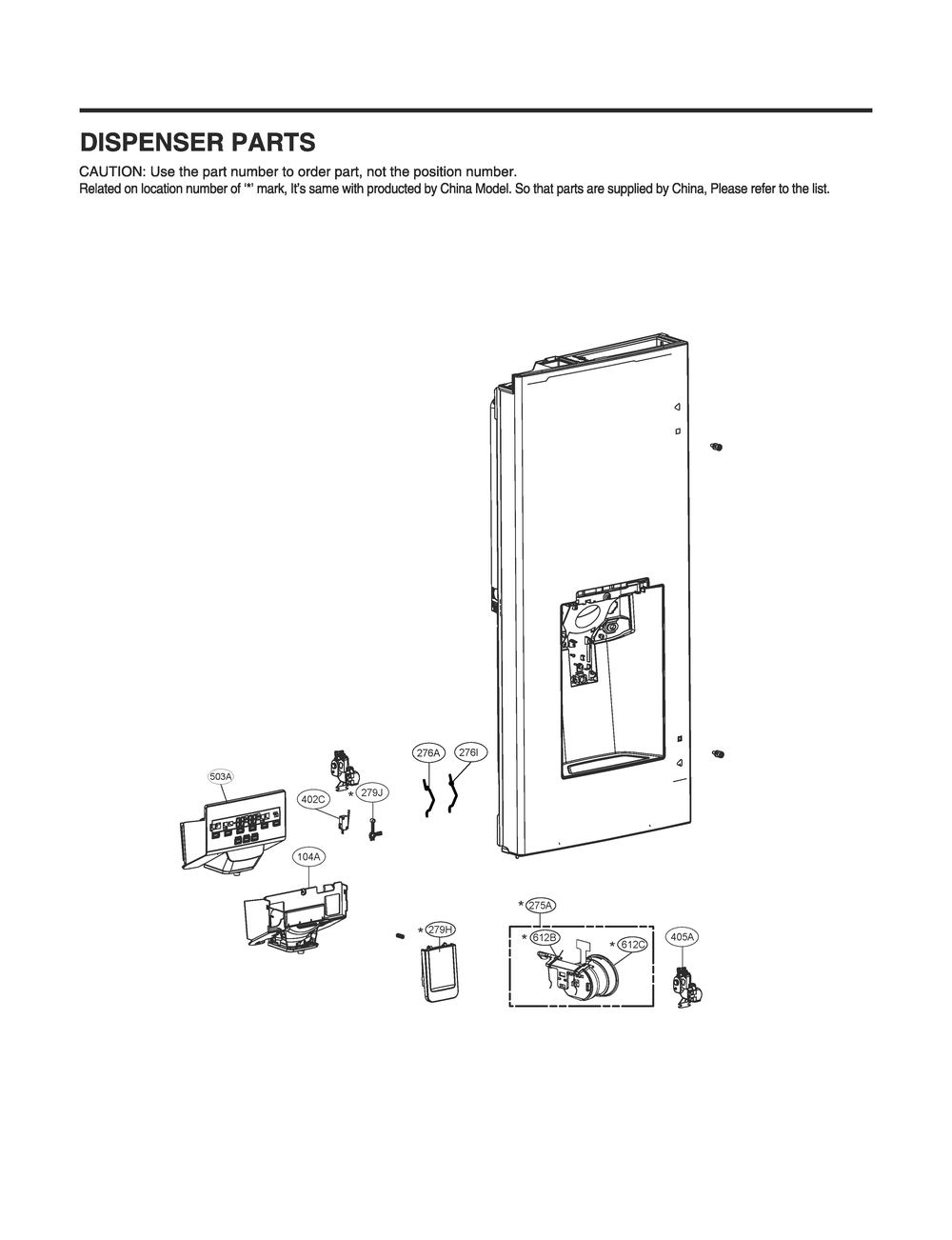 Dispenser Parts Diagram and Parts List for GR-L288NSXM ASTCNA2 LG Refrigerator