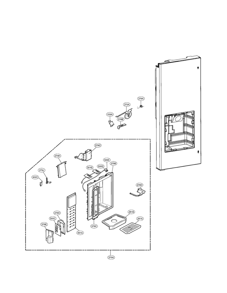 Dispenser Parts Diagram and Parts List for LMX25985SW01  LG Refrigerator