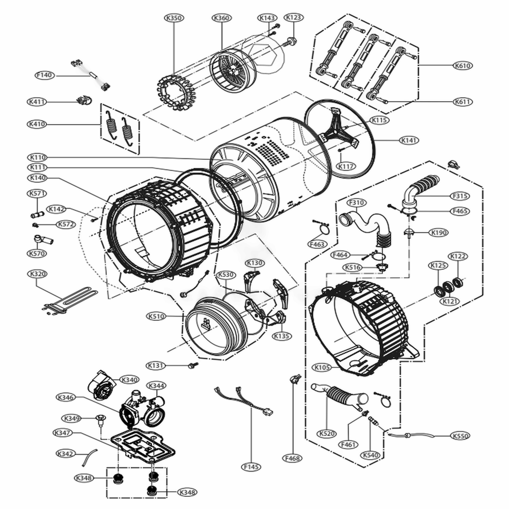 Drum And Tub Assembly Diagram and Parts List for WM3370HVA ASSEPUS LG Washer