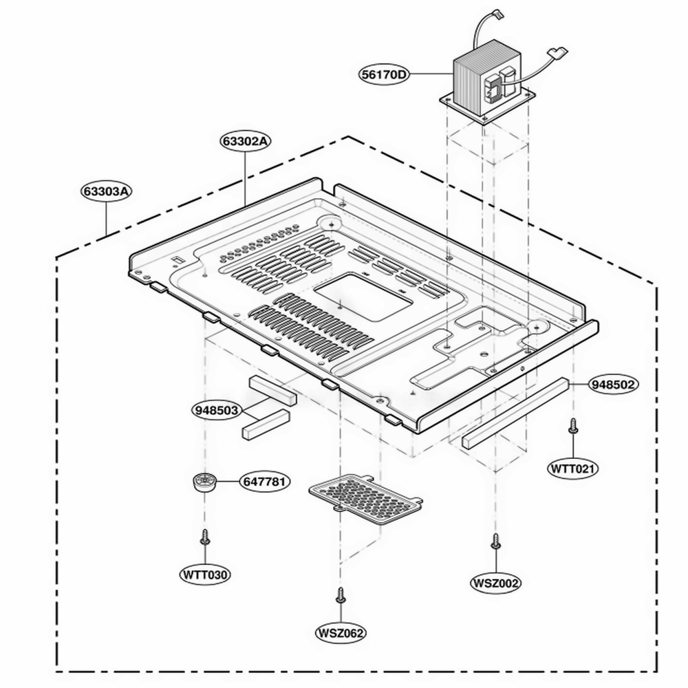 Base Plate Parts Diagram and Parts List for M150TC HMWQCUR LG Range
