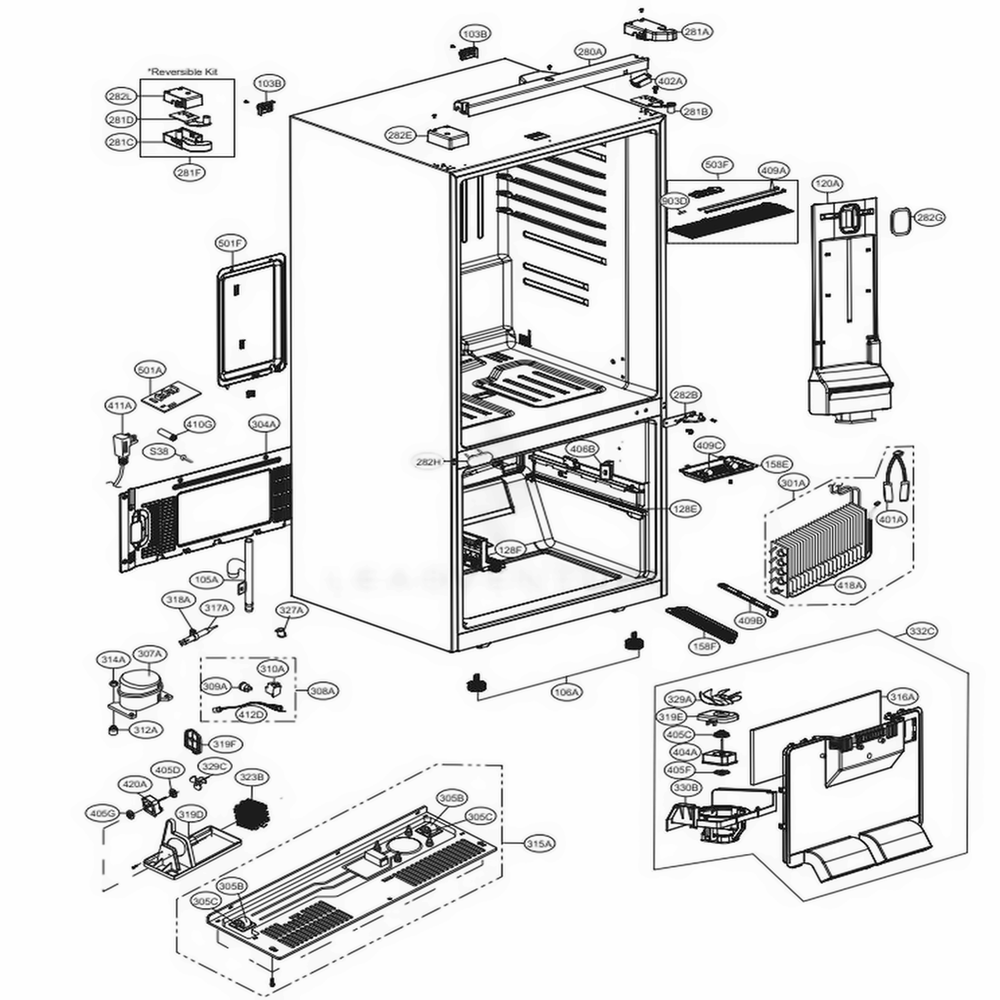 Case Parts Diagram and Parts List for LDCS24223W ASWCNA0 LG Refrigerator