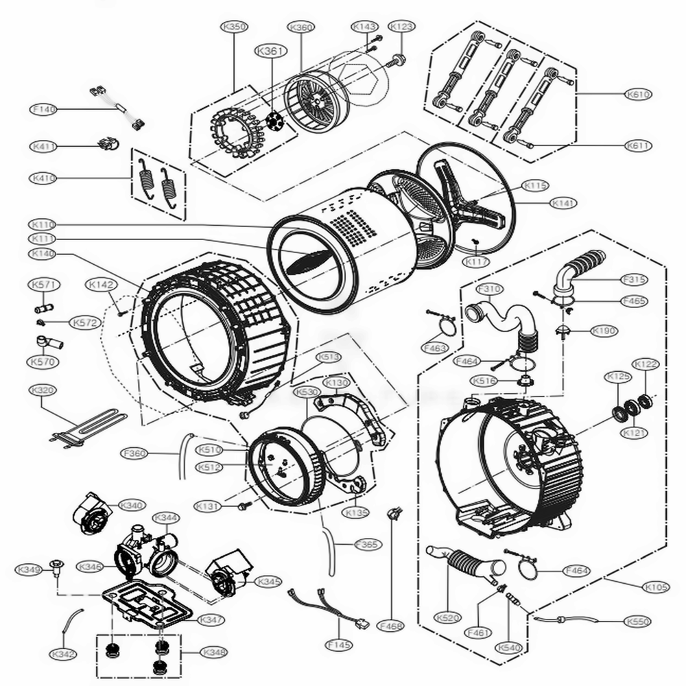 Drum And Tub Assembly Diagram and Parts List for 41982 ABWESEU LG Washer Dryer Combo