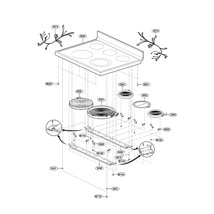 Cooktop Diagram and Parts List for LRE3012ST 00 LG Range