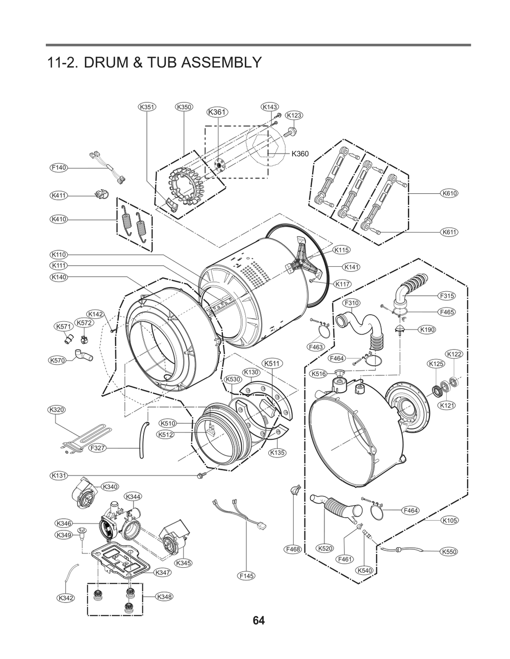 Drum And Tub Assembly Diagram and Parts List for F1397FYN ABWEEUS LG Washer