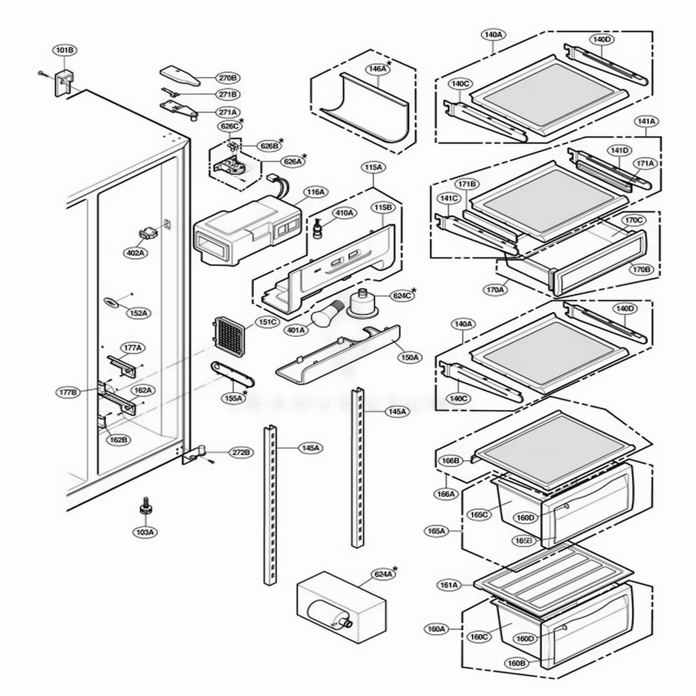 Refrigerator Compartment Diagram and Parts List for LRSPC2331NI ANICLGA LG Refrigerator