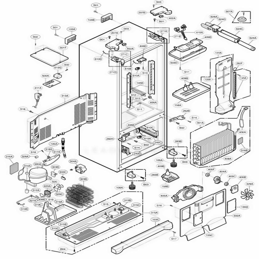Case Parts Diagram and Parts List for 77554 ABICSEF LG Refrigerator
