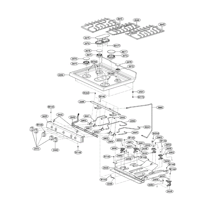 Cooktop Diagram and Parts List for LRG3093SB 00 LG Range