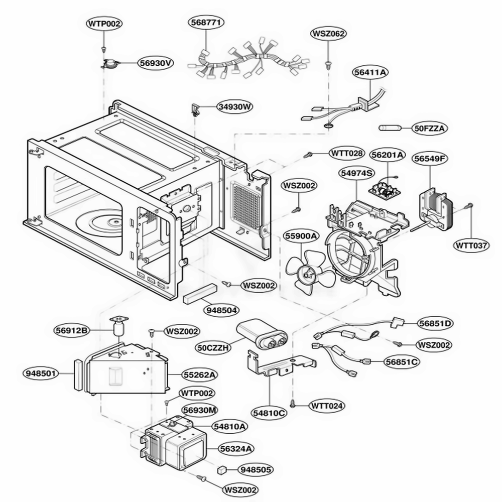 Interior Parts Diagram and Parts List for M150TC HMWQCUR LG Range