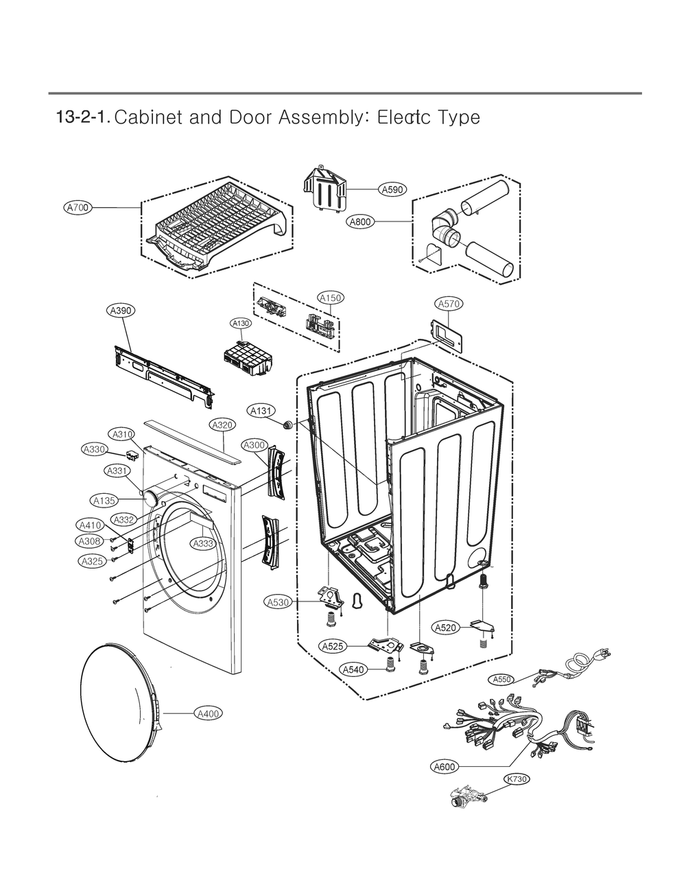 Cabinet And Door Assembly Diagram and Parts List for DLEX6500B ABLEECI LG Dryer
