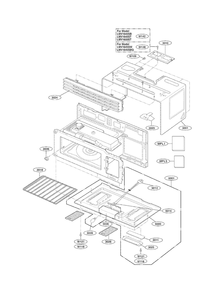 Oven Cavity Parts Diagram and Parts List for LMV1650ST-01  LG Microwave