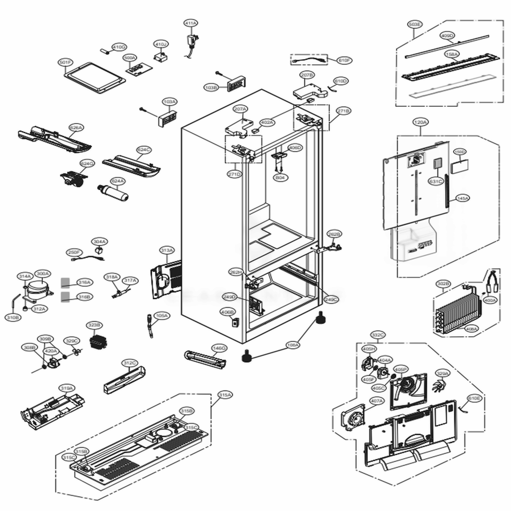 Case Parts Diagram and Parts List for 73109 AWBCSE2 LG Refrigerator