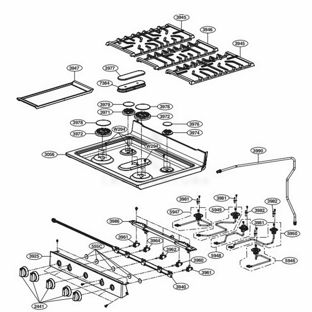 Cooktop Parts Diagram and Parts List for LRGL5825D FBDELGA LG Range