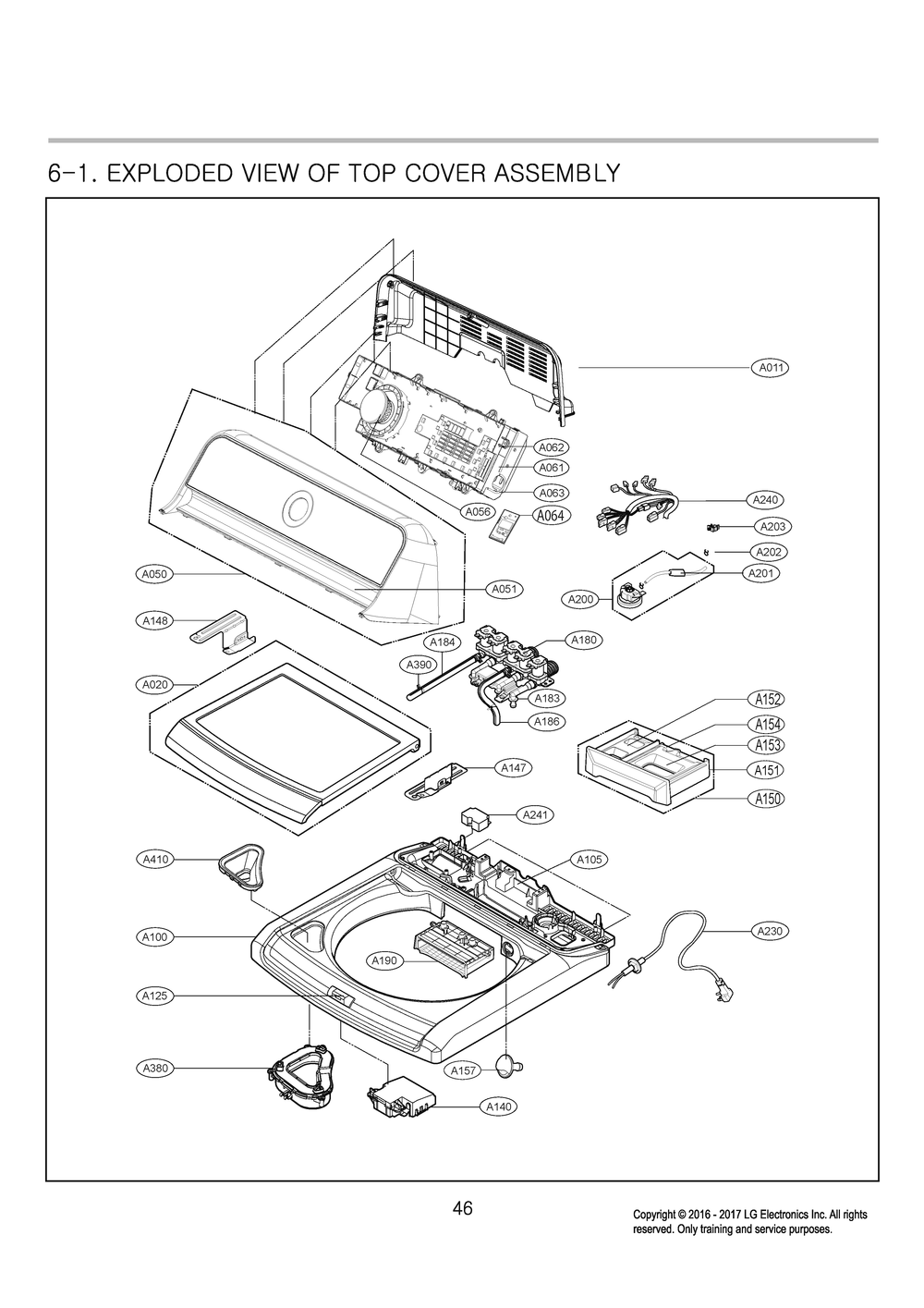 Top Cover Assembly Diagram and Parts List for T1780WFFT5 ASSETUS LG Washer