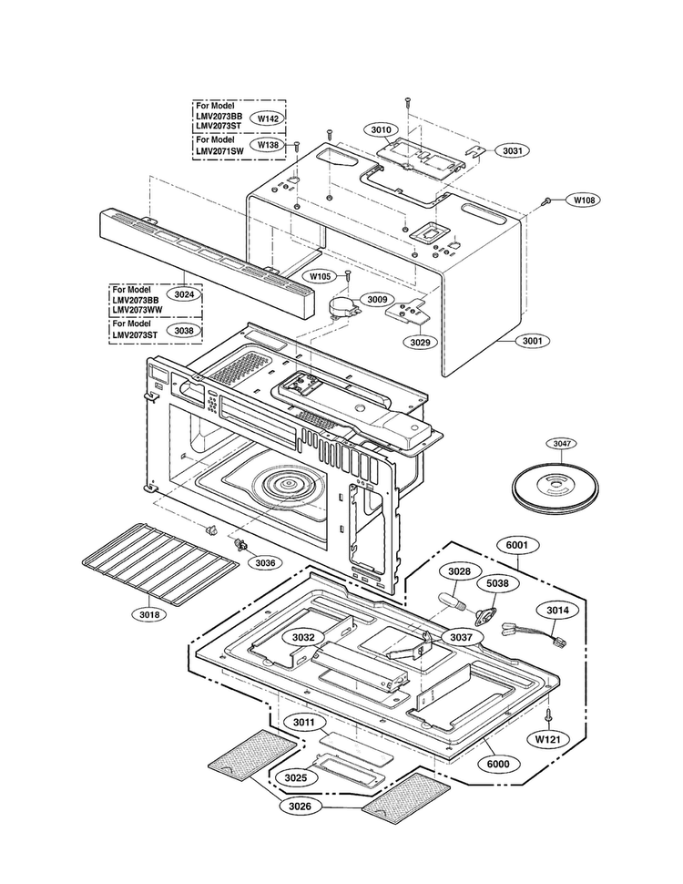 Oven Cavity Parts Diagram and Parts List for LMV2073BB 01 LG Microwave