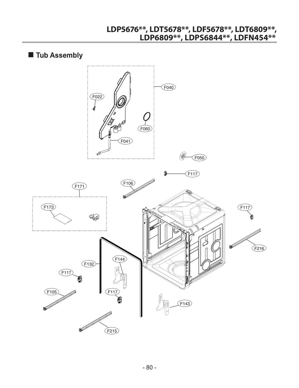 Tub Assembly Diagram and Parts List for DUA513FD ABDESNA LG Dishwasher