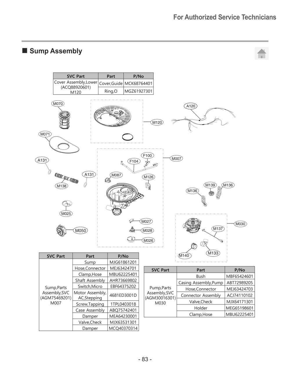 Sump Assembly Svc Part Diagram and Parts List for SKSDW2411S ASTESNA LG Dishwasher