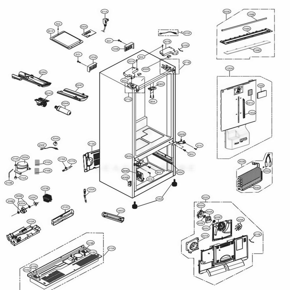 Case Parts Diagram and Parts List for LFXS28596S ASTCNA0 LG Refrigerator