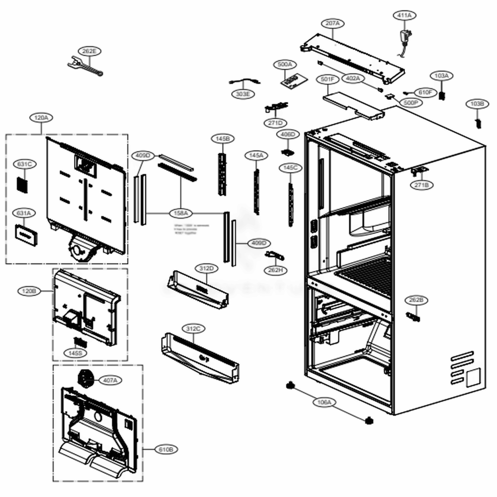 Case Parts Diagram and Parts List for 75065 ASTCSE0 LG Refrigerator