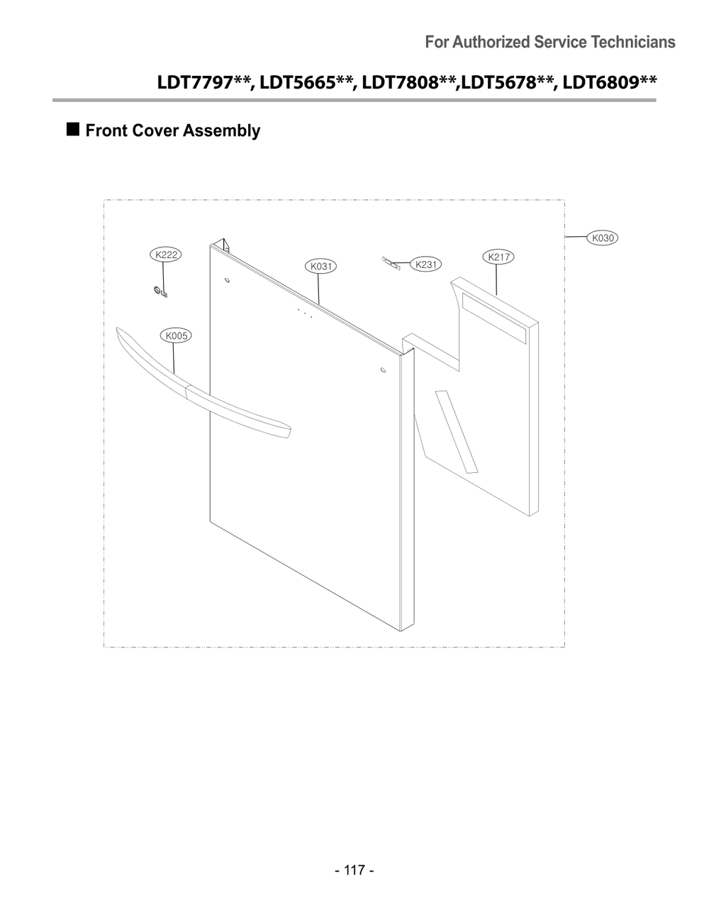 Front Cover Assembly Diagram and Parts List for DUA217TT ASTEEUS LG Dishwasher