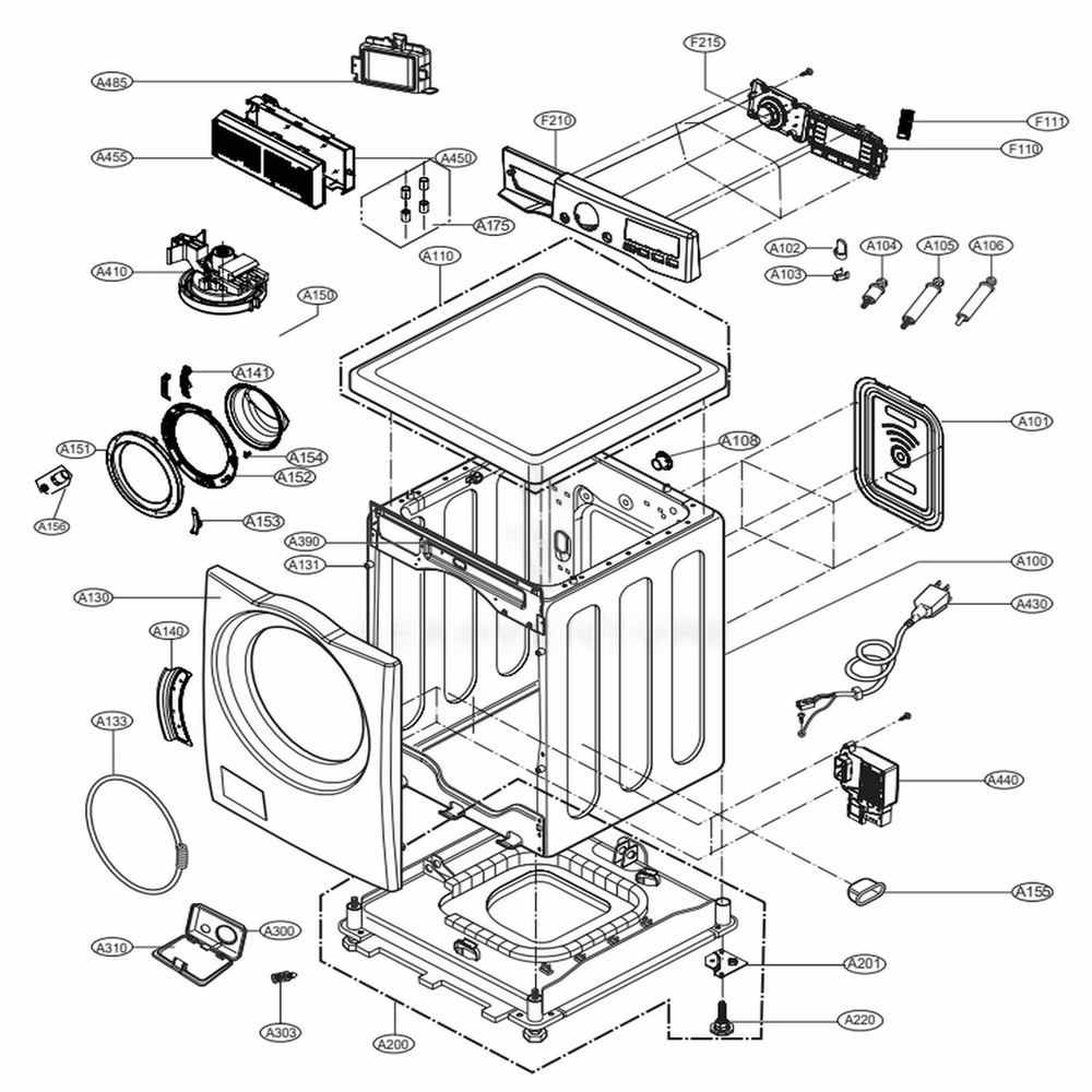 Cabinet And Control Panel Assembly Diagram and Parts List for 41463 ASTEUEU LG Washer