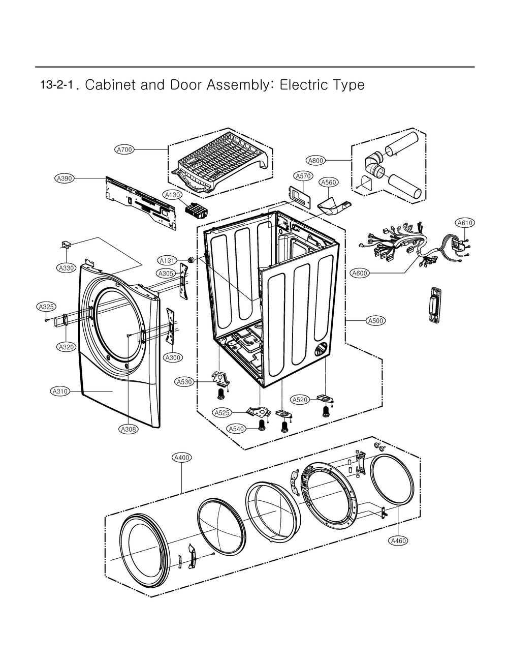 Cabinet And Door Assembly Diagram and Parts List for DLE3470M ABMEEUS LG Dryer