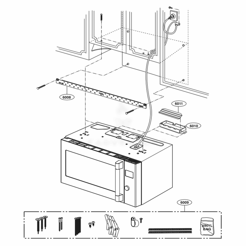 Installation Parts Diagram and Parts List for UPMC3084ST CSBESGN LG Microwave