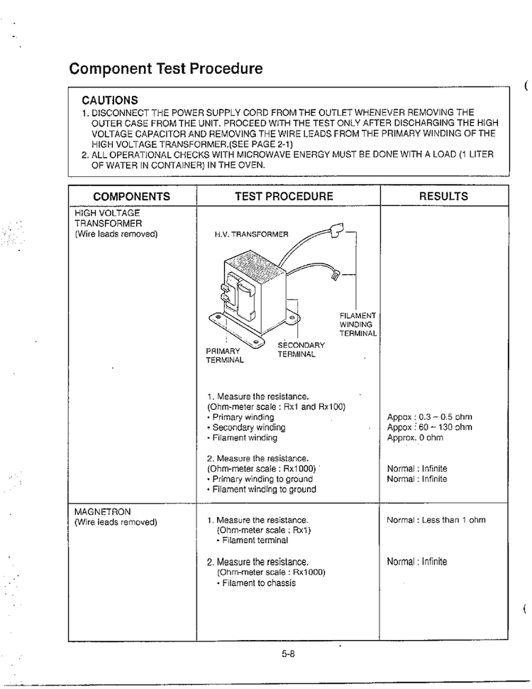 Component Test Procedure Diagram and Parts List for MA-1273M  LG Microwave