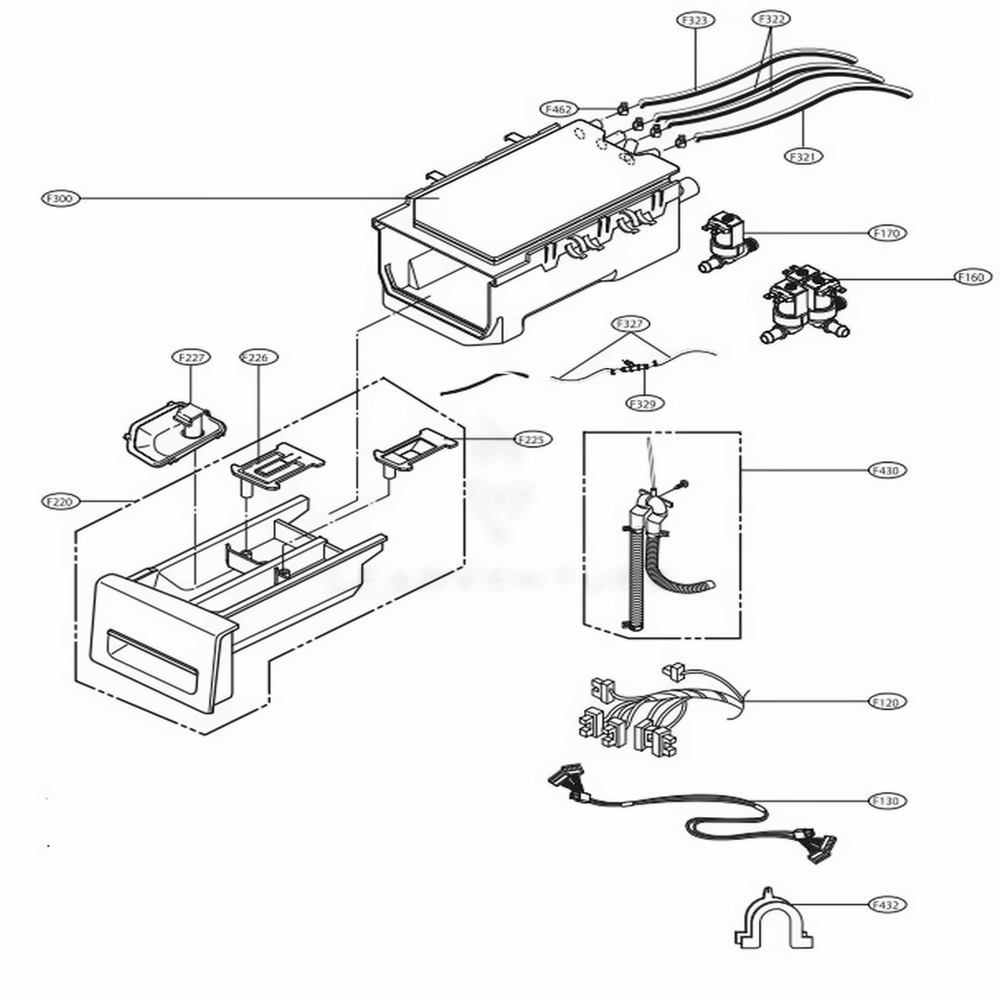 Dispenser Assembly Diagram and Parts List for 41302 ABWEVEU LG Washer