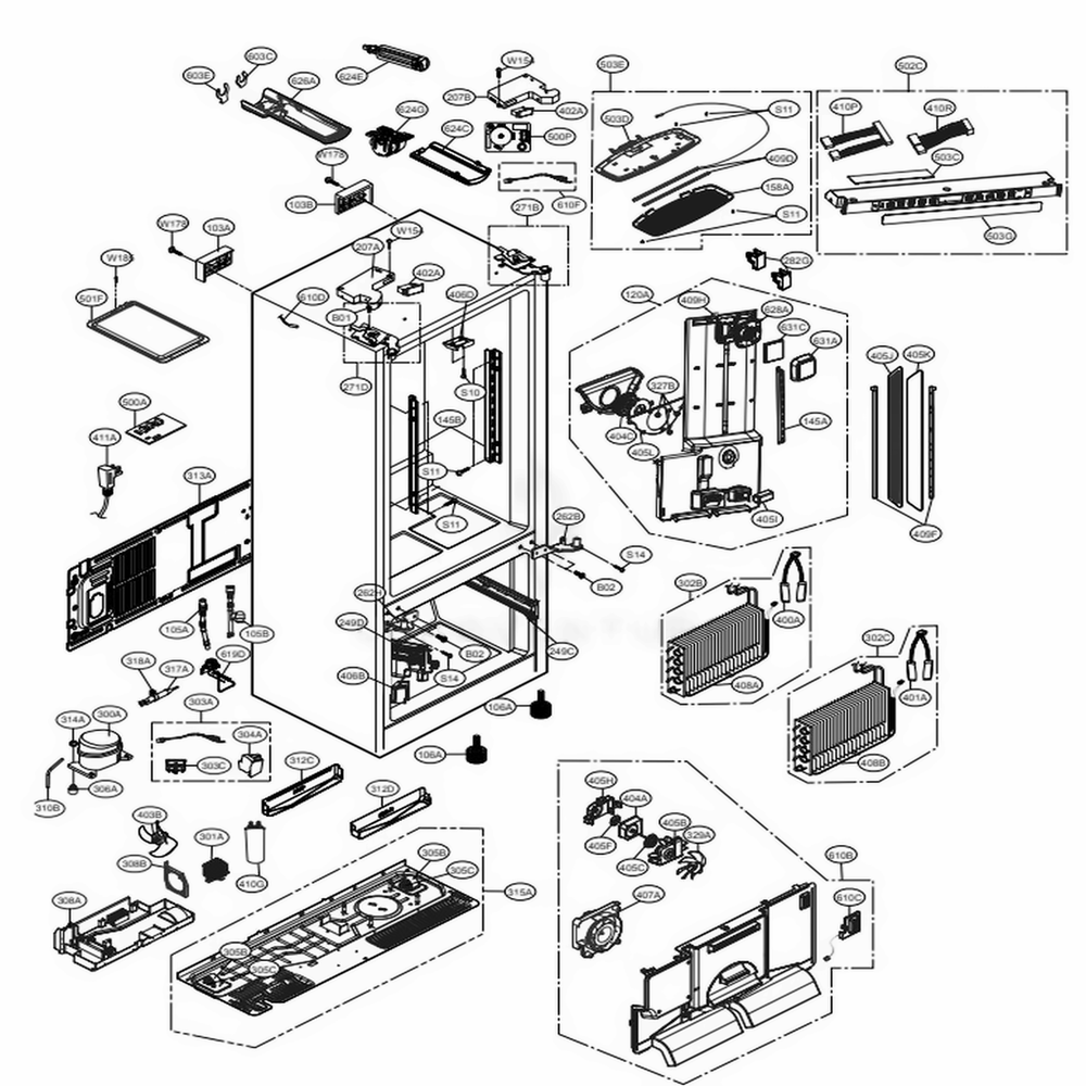Case Parts Diagram and Parts List for 74042 ASWCSE1 LG Refrigerator