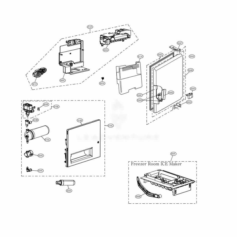 Ice Maker And Ice Bin Parts Diagram and Parts List for LRFXC2406S ASTCNA1 LG Refrigerator