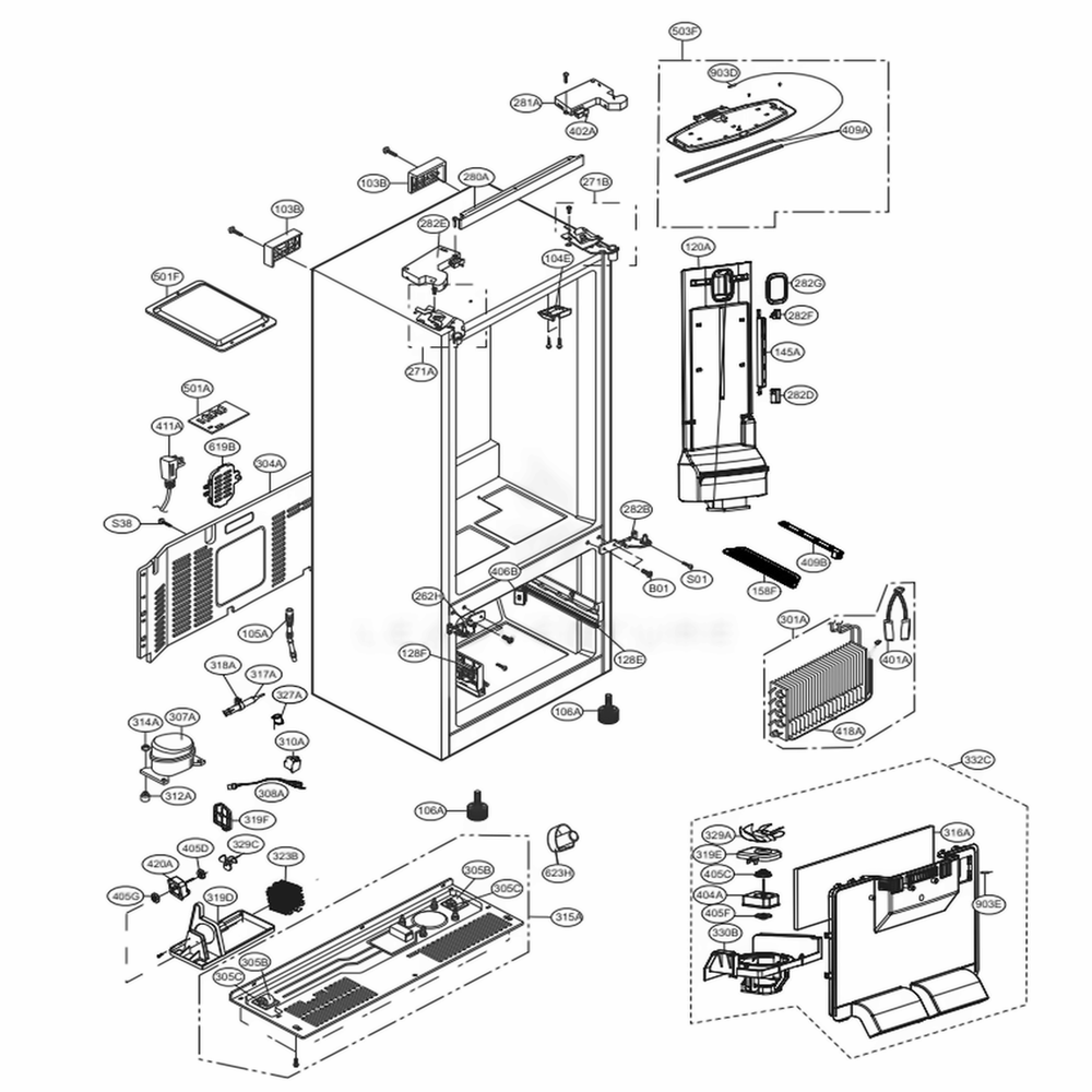 Case Parts Diagram and Parts List for LFNS22520S ASTCNA4 LG Refrigerator