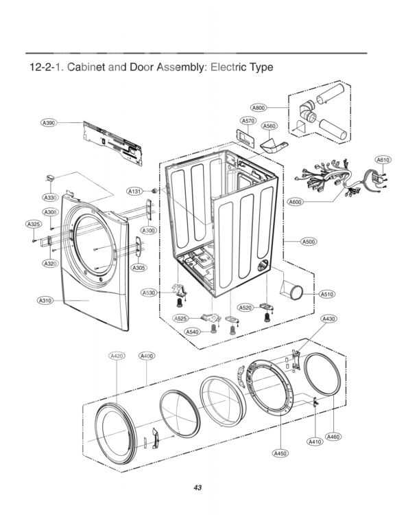 Cabinet and Door Assembly Diagram and Parts List for DLE2250W ABWEEUS LG Dryer