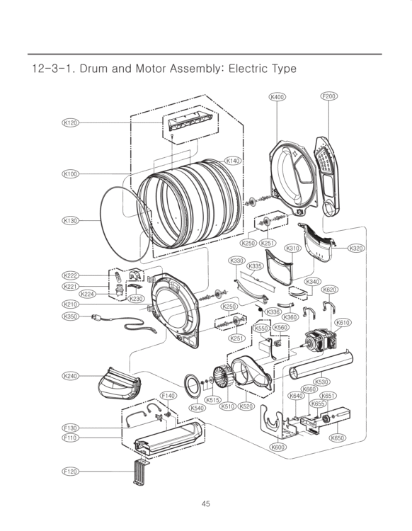 Drum and Motor Assembly Diagram and Parts List for DLE2250W ABWEEUS LG Dryer