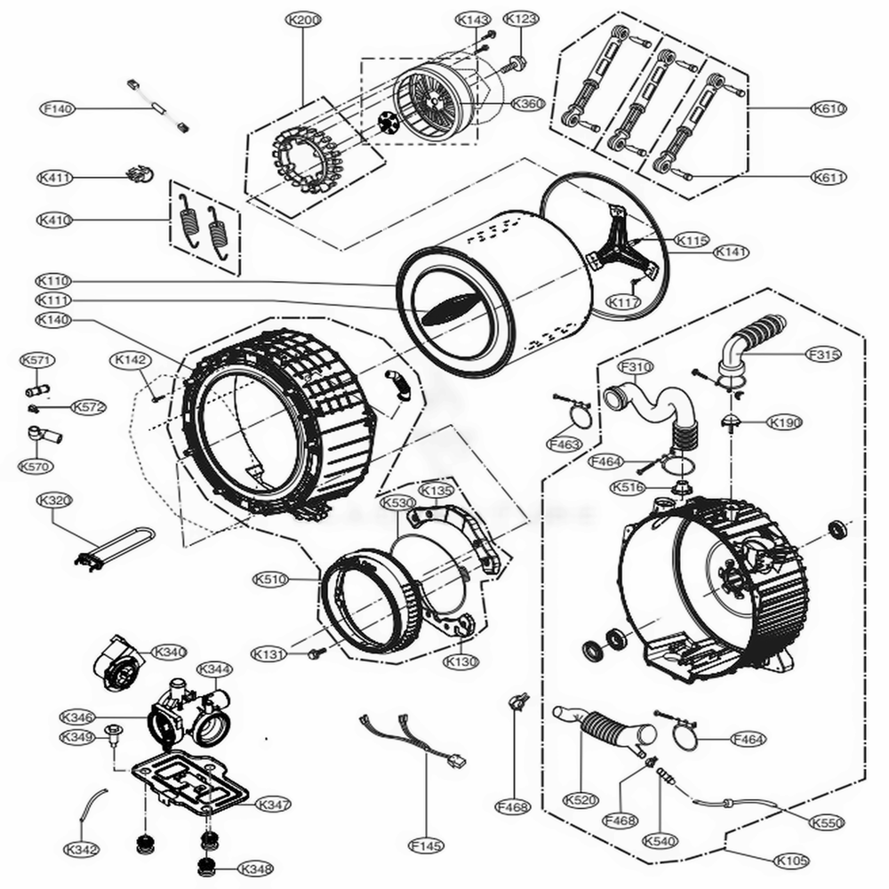 Drum And Tub Assembly Diagram and Parts List for WM3670HVA ASSEVUS LG Washer