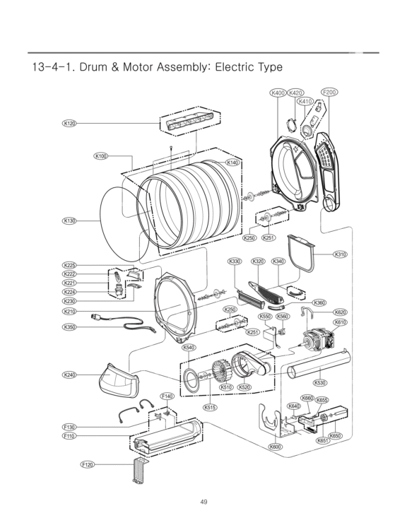 Drum & Motor Assembly Diagram and Parts List for DLEX5170W ABWEEUS LG Dryer