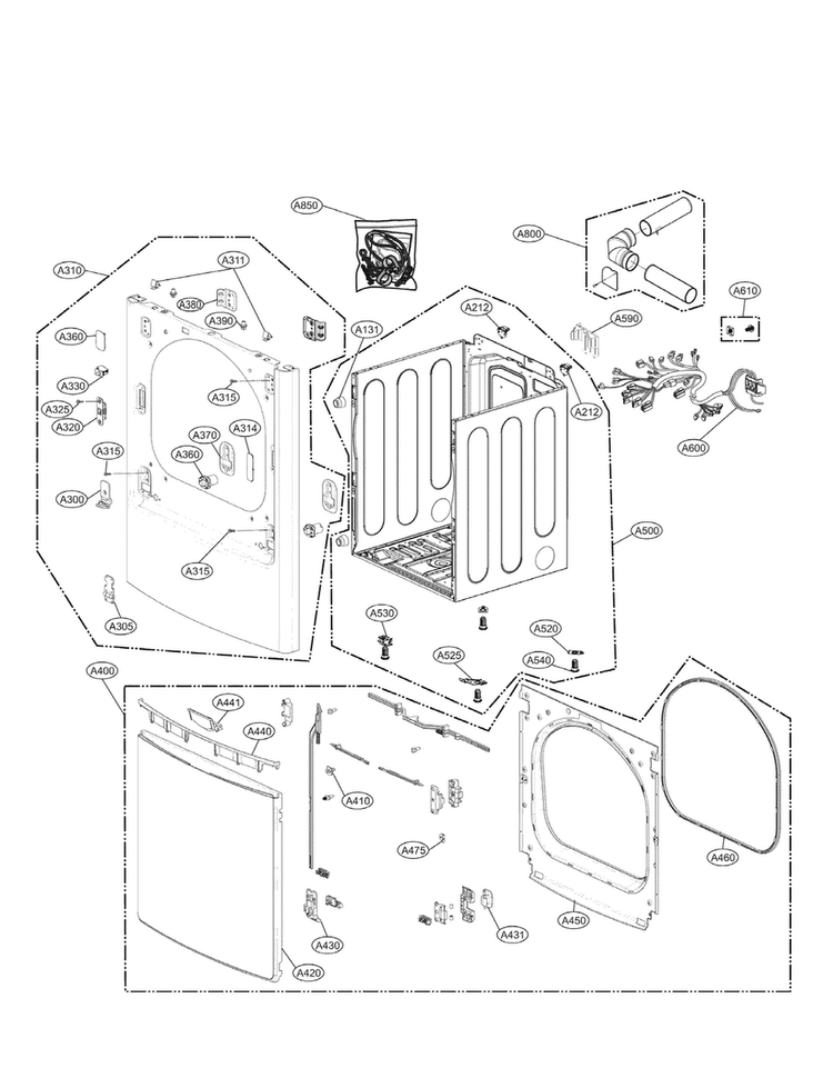 Cabinet And Door Parts Diagram and Parts List for DLEX7700WE  LG Dryer