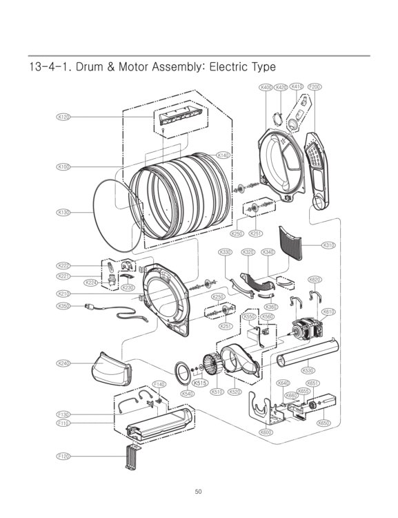 Drum & Motor Assembly Diagram and Parts List for DLEX2501W ABWEEUS LG Dryer