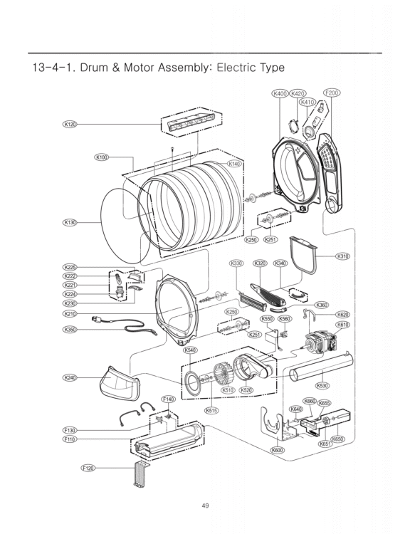 Drum & Motor Assembly Diagram and Parts List for DLEX5170V ASSEEUS LG Dryer