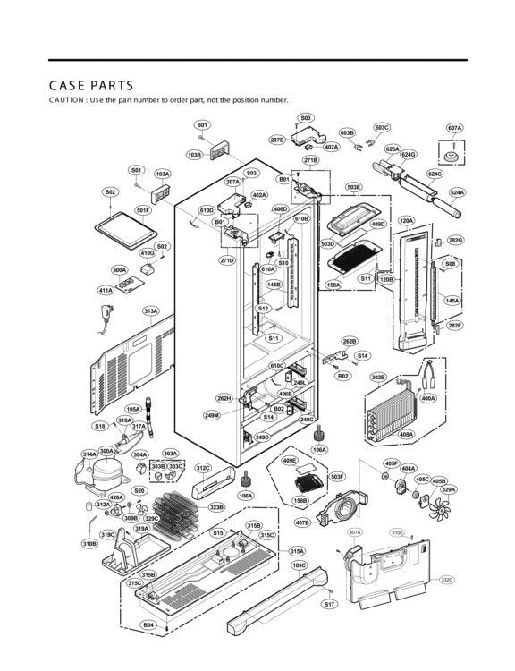CASE PARTS Diagram and Parts List for LMX25981SB AWB3LGA LG Refrigerator