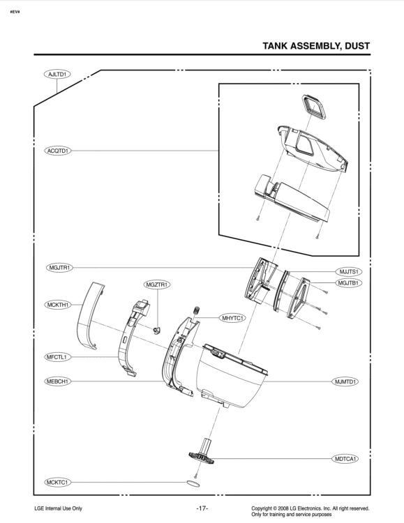 TANK ASSEMBLY Diagram and Parts List for LCV800R AAEELGA LG Canister Vacuum