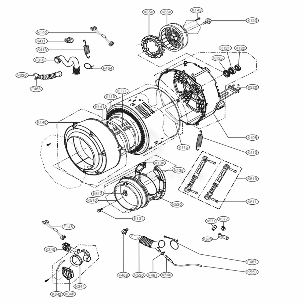 Drum And Tub Assembly Diagram and Parts List for WM1377HW ABWEEUS LG Washer Dryer Combo