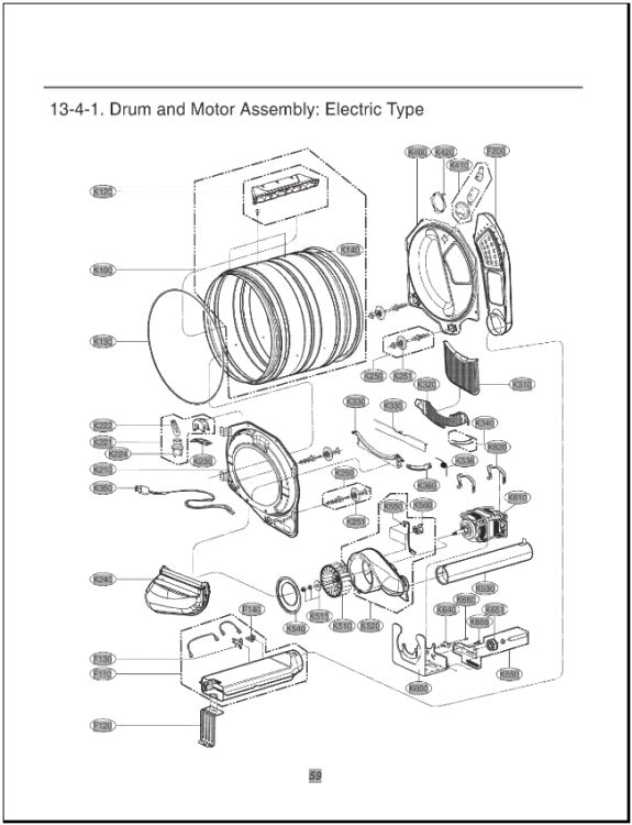 Drum and Motor Assembly Diagram and Parts List for DLEX2650W ABWEEUS LG Dryer