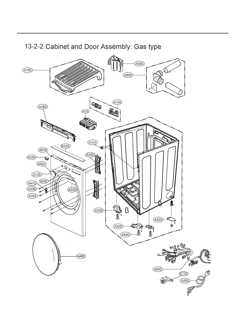 Cabinet And Door Assembly Diagram and Parts List for DLGX5501W ABWEEUS LG Dryer