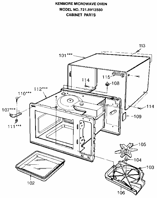 Cabinet Diagram and Parts List for 7218913580  Kenmore Microwave