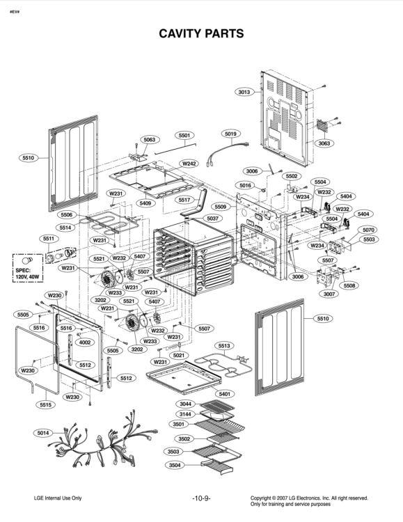 CAVITY PARTS Diagram and Parts List for LRE30757SW FW1LLGA LG Range