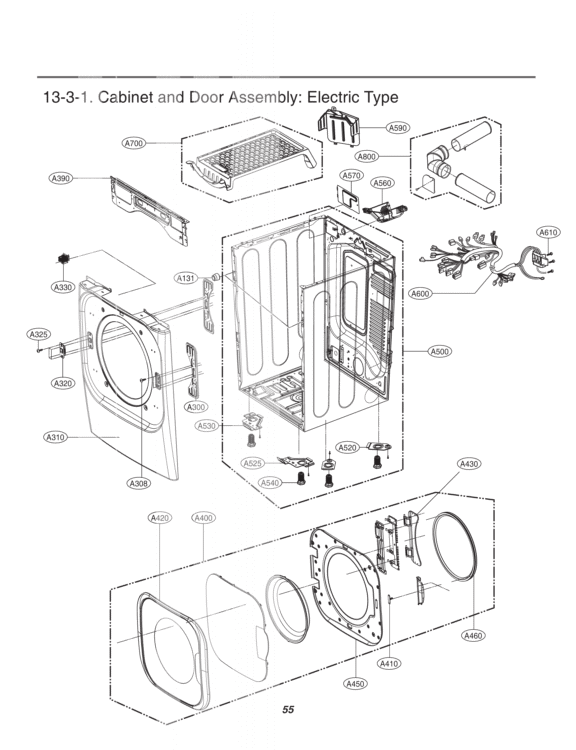 Cabinet and Door Assembly Diagram and Parts List for DLEX8000W ABWEEUS LG Dryer
