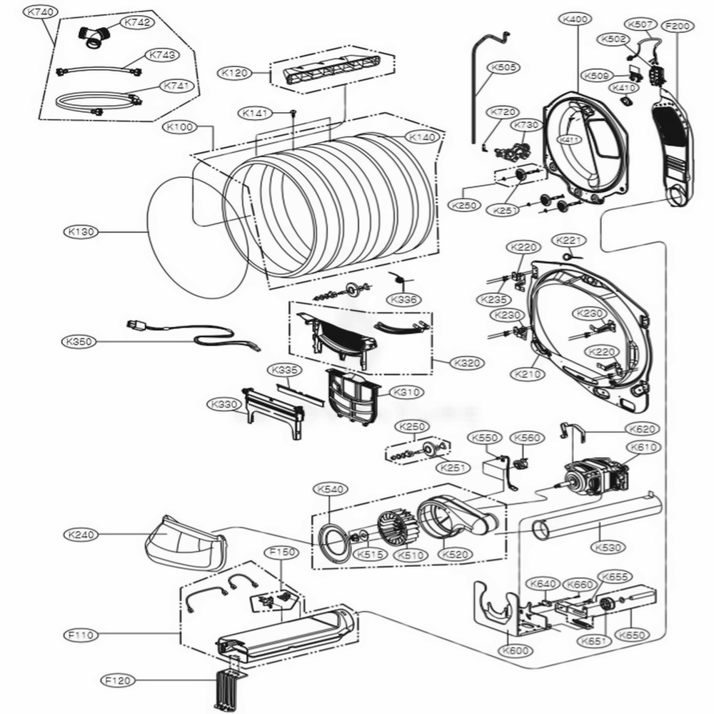 Drum And Motor Assembly Diagram and Parts List for DLEX7700VE ASSEECI LG Dryer
