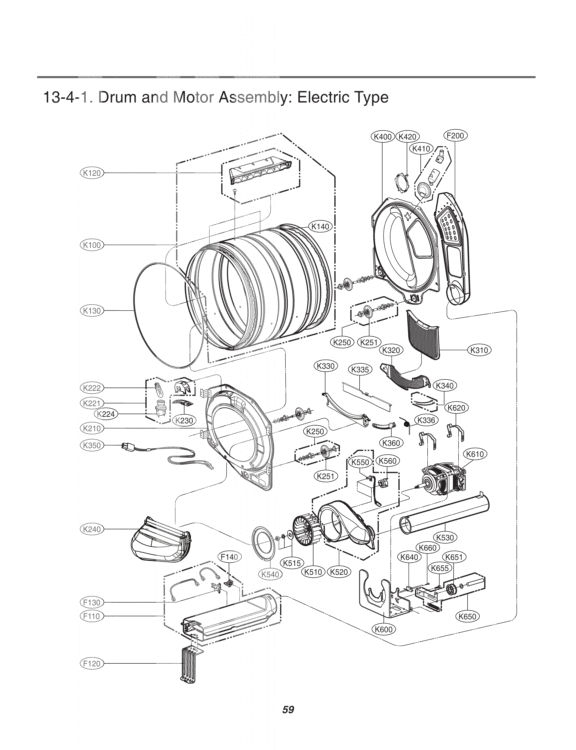 Drum and Motor Assembly Diagram and Parts List for DLEX3070W ABWEEUS LG Dryer