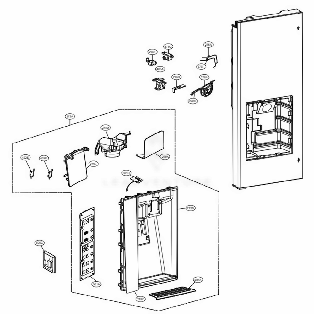 Dispenser Parts Diagram and Parts List for LSFD2591ST ASTCNA1 LG Refrigerator